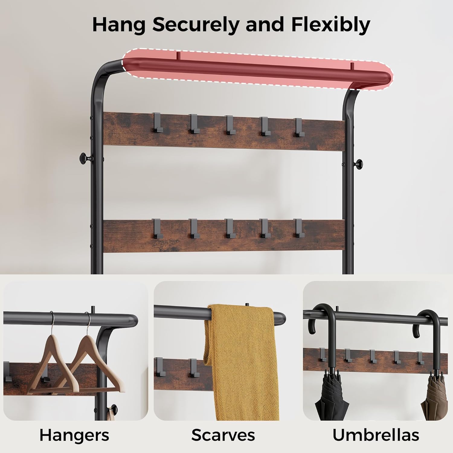 NEWBULIG Coat Rack, Hall Tree with Shoe Bench, 4-in-1 Entryway Organizer with 10 Hooks and Storage Shelf, Rustic Wood Entryway Bench for Mudroom, Living Room, Bedroom, Brown