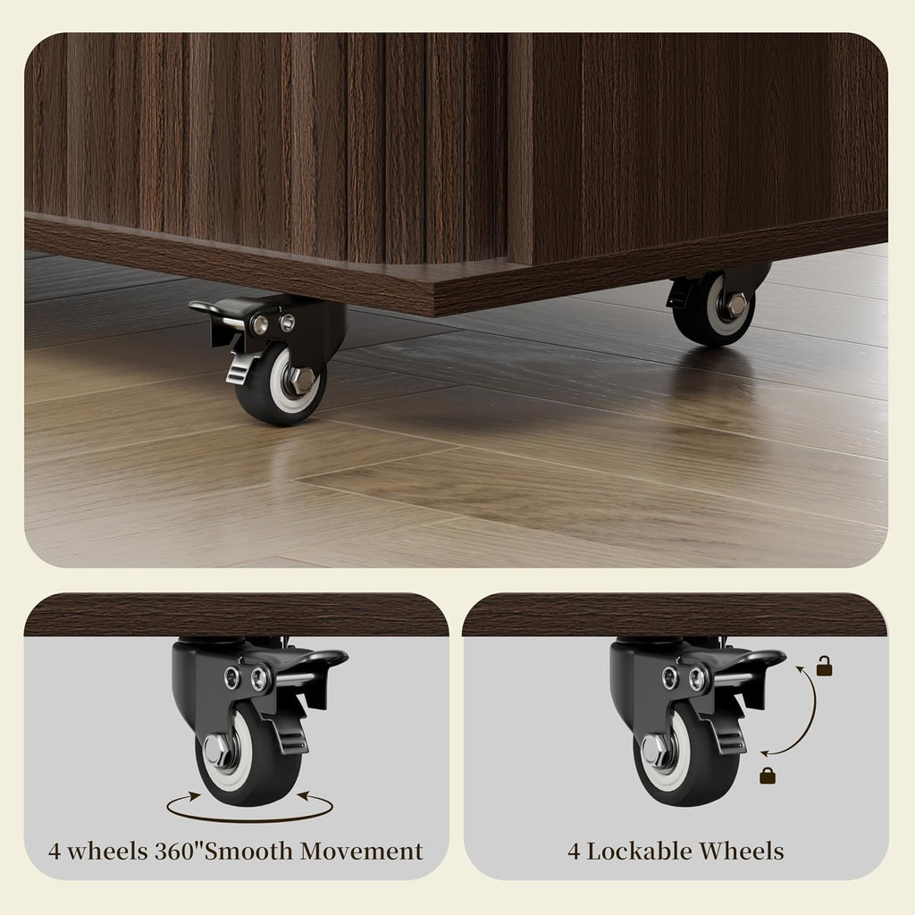 DHH Rolling Kitchen Island with Drop Leaf Countertop&Ample Storage - 39.4" Small Mobile Kitchen Cart On Wheels with Sliding Door,Drawers,Spice Rack & 2-Tier Storage (Dark Walnut)