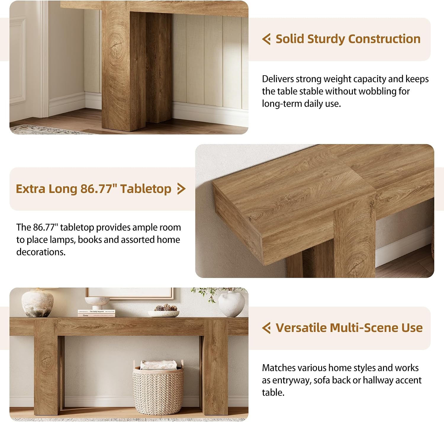 Epecoya 86.77-Inch Extra Long Console Table, Wood Entryway Table, Large Farmhouse Sofa Table Behind Couch for Living Room Hallway, Natural Oak Brown