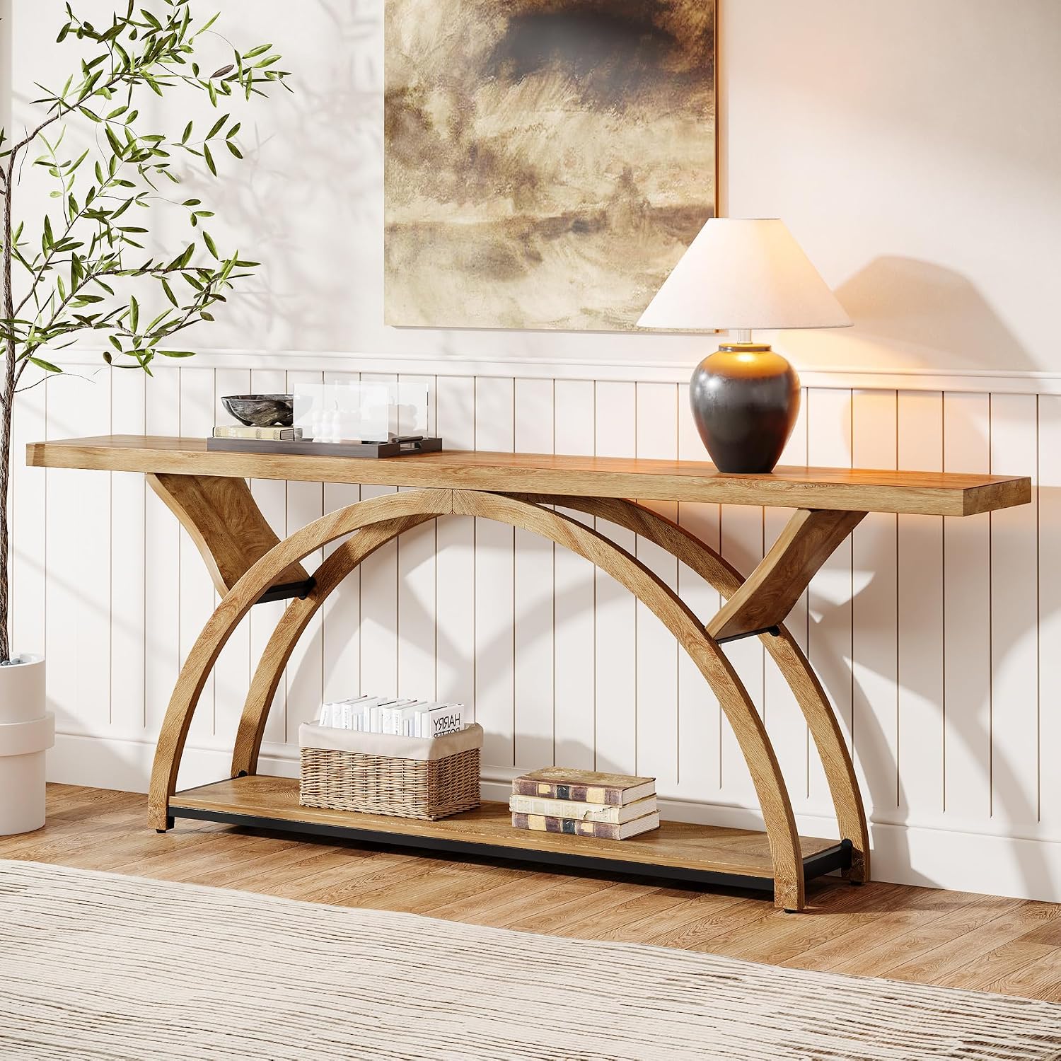 Tribesigns 70.87" Console Table, Industrial Sofa Table Behind Couch with 2 Tiers of Storage Shelves for Living Room, Hallway, Entrance, Foyer (Light Brown)