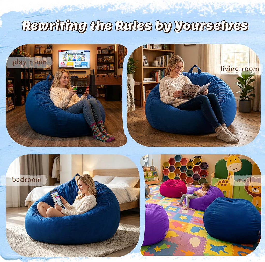 ZurNesfure Bean Bag Chair, Teardrop Small Bean Bag with Filling, 2.5FT Bean Bag Chairs for Living Room, Washable Comfy Chair with Handle, Fluffy Bean Bag for Reading Gaming Relaxing (Blue, 2.5FT)