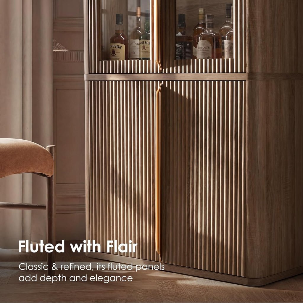 77" Tall Storage Cabinet - Fluted Pantry Cabinets with Glass Doors, Wooden Kitchen Food Cupboard, Adjustable Shelves, Modern Display Storage Closet for Living Room, Dining Room, Office, Oak 1pc
