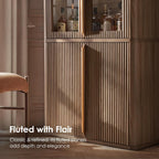 77" Tall Storage Cabinet - Fluted Pantry Cabinets with Glass Doors, Wooden Kitchen Food Cupboard, Adjustable Shelves, Modern Display Storage Closet for Living Room, Dining Room, Office, Oak 1pc