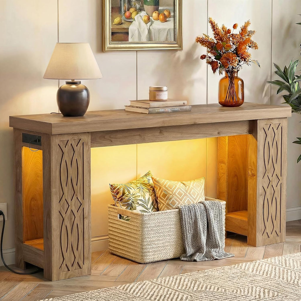Cyclysio 63" Console Table with Outlet, Farmhouse Entryway Table with Colorful LED Lights, Wooden Sofa Table with Unique Carved Design, Foyer Accent Table for Entrance, Hallway, Living Room Natural