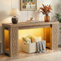 Cyclysio 63" Console Table with Outlet, Farmhouse Entryway Table with Colorful LED Lights, Wooden Sofa Table with Unique Carved Design, Foyer Accent Table for Entrance, Hallway, Living Room Natural