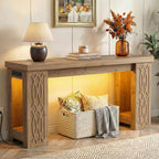 Cyclysio 63" Console Table with Outlet, Farmhouse Entryway Table with Colorful LED Lights, Wooden Sofa Table with Unique Carved Design, Foyer Accent Table for Entrance, Hallway, Living Room Natural