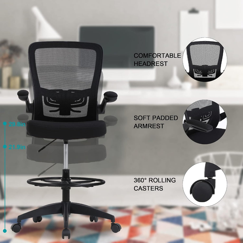 Drafting Chair Tall Office Chair Mid-Back Mesh Ergonomic Computer Chair High Adjustable Standing Desk Chair with Lumbar Support Adjustable Foot Ring and Flip-Up Arms (Black)