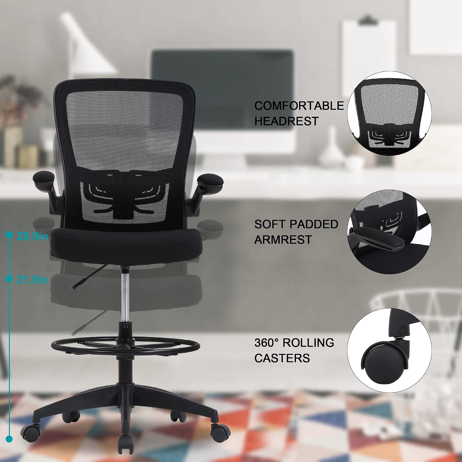 Drafting Chair Tall Office Chair Mid-Back Mesh Ergonomic Computer Chair High Adjustable Standing Desk Chair with Lumbar Support Adjustable Foot Ring and Flip-Up Arms (Black)