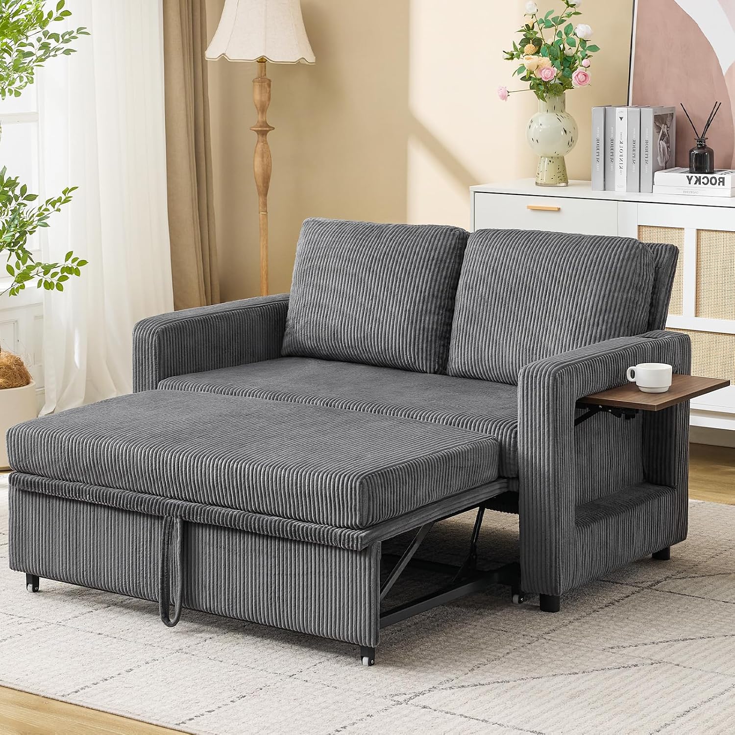 3 in 1 Convertible Sofa Bed, Pull Out Couch with Dual USB and Type C Ports, Chenille Fabric Loveseat Sleeper Sofa Bed, Sofa Bed with Foldable Side Table for Living Room Home Office Apartment