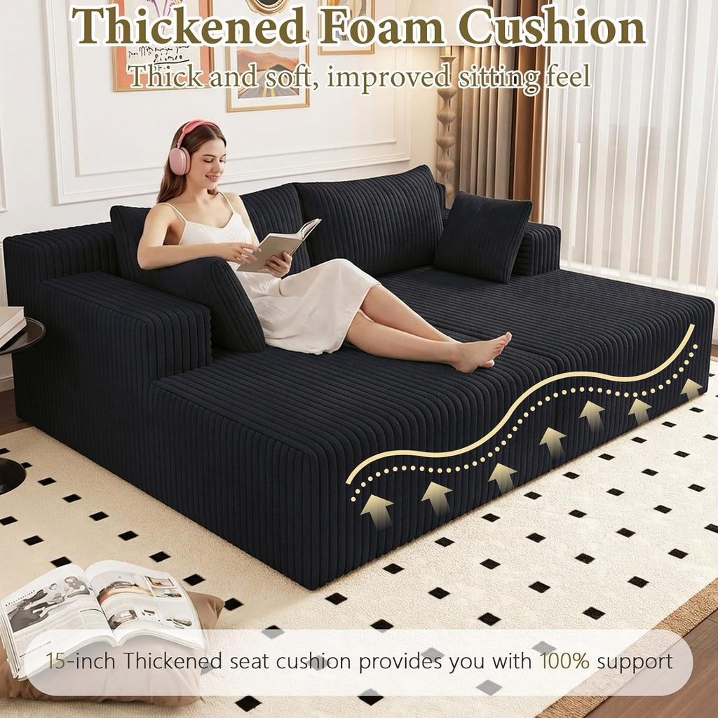 71" Oversized Double Chaise Lounges Indoor, Upholstered Corduroy Oversized Chaise Lounge Chair, Modern Sleeper Loveseat Chair Boneless Cloud Couch for Living Room Bedroom Reading (Black)