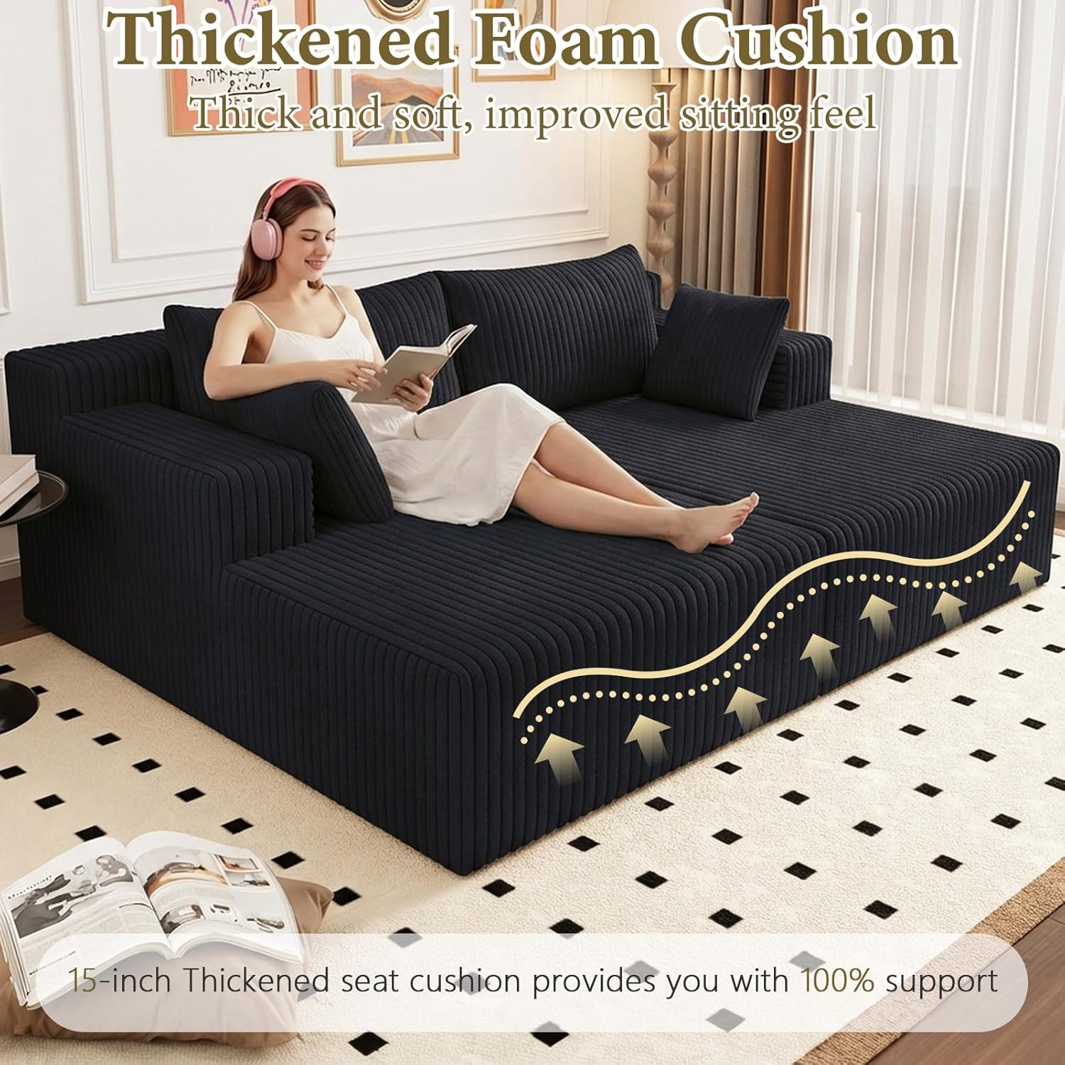 71" Oversized Double Chaise Lounges Indoor, Upholstered Corduroy Oversized Chaise Lounge Chair, Modern Sleeper Loveseat Chair Boneless Cloud Couch for Living Room Bedroom Reading (Black)