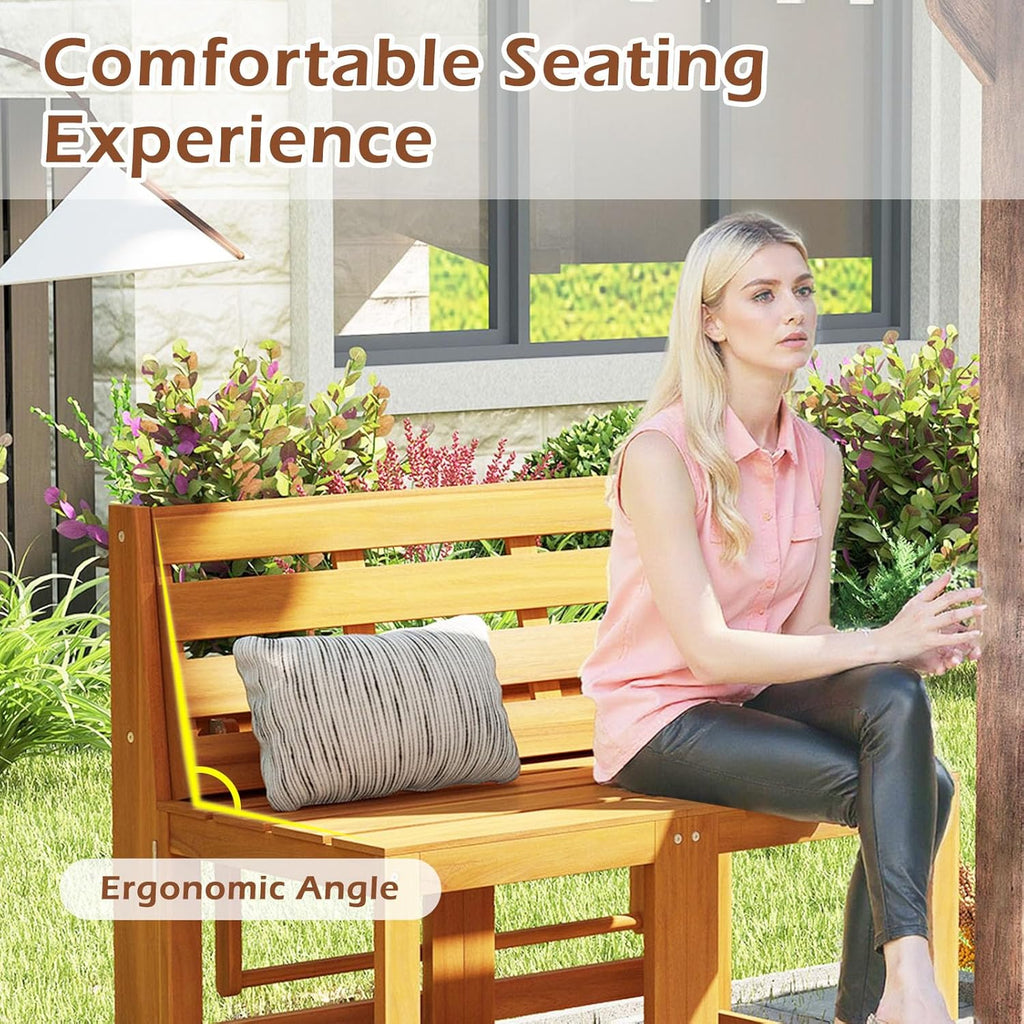 HAPPYGRILL 3-in-1 Acacia Wood Outdoor Dining Table Bench Set, with 2 Built-in Chairs, Plant Stand, Patio Bench Table for Backyard Garden