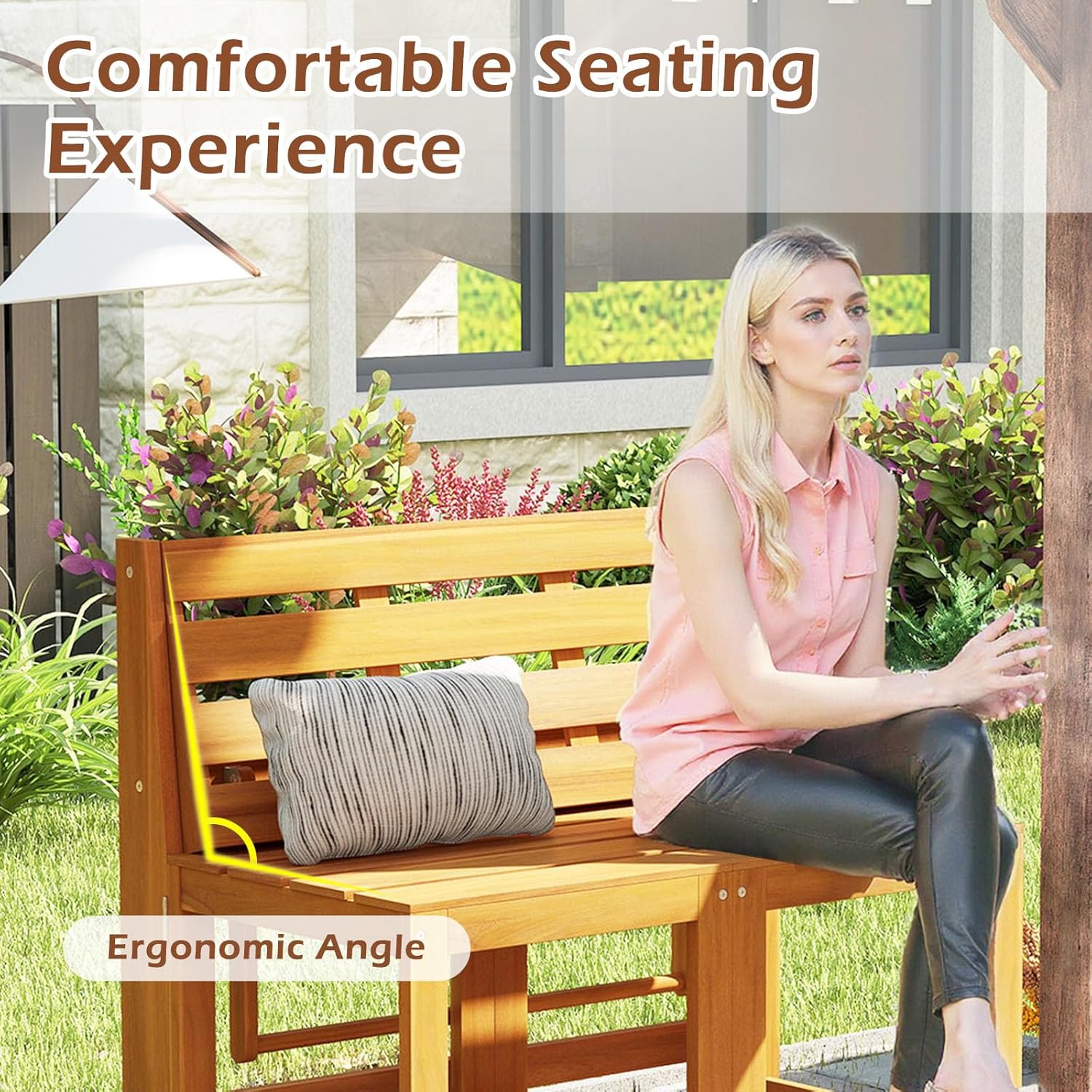 HAPPYGRILL 3-in-1 Acacia Wood Outdoor Dining Table Bench Set, with 2 Built-in Chairs, Plant Stand, Patio Bench Table for Backyard Garden