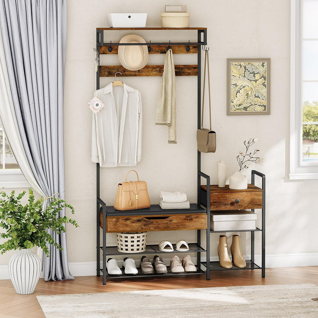 HOOBRO Hall Tree with Bench, Shoe and Coat Rack for Entryway, Coat Rack with Bench, Flip Top Storage Box, PU Cushioned Seat, Non-Woven Fabric Drawer, for Entrance, Rustic Brown and Black BF110MT01