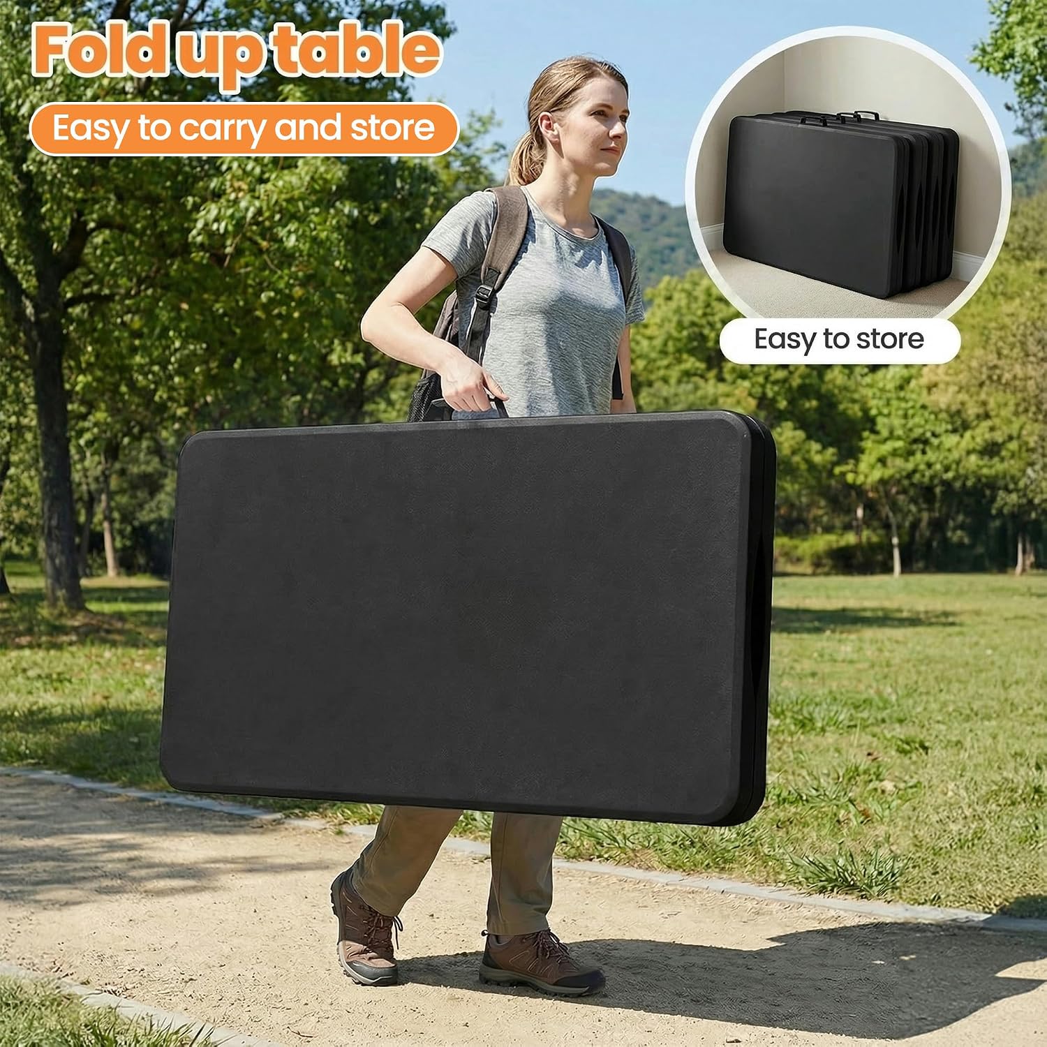 2 Pack Folding Table 6FT Heavy Duty Plastic Utility Table with Carrying Handle for Camping, Party, Picnic, BBQ, Banquet, Folds in Half for Easy Storage, No Assembly Required, Black