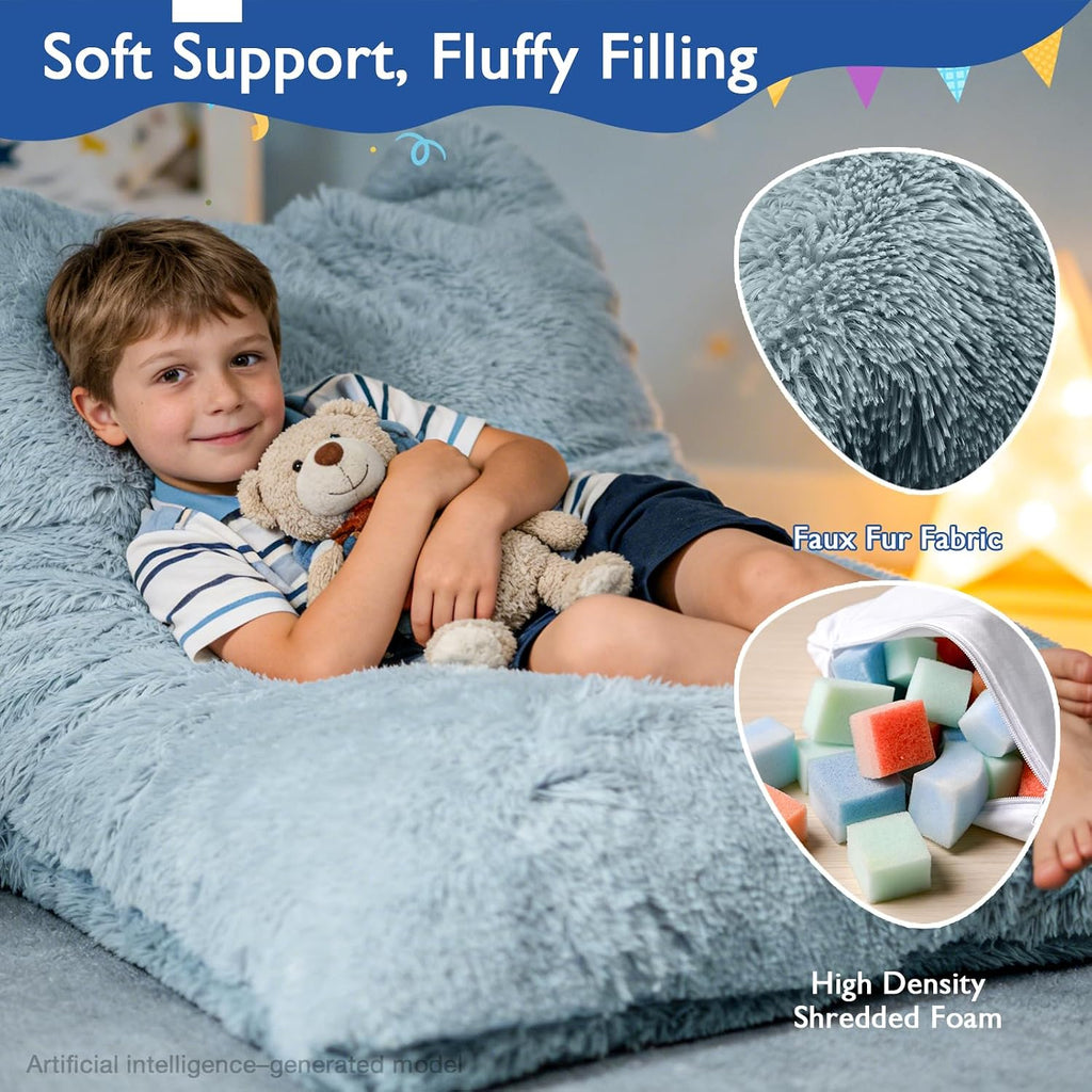 3 in 1 Kids Bean Bag Chair Bed, Kids Fluffy Stuffed Floor Pillow for Gaming and Reading, Ultra Soft Faux Fur Fabric Bean Bag Chairs to Lounger for Playroom, Living Room, Bedroom, Gray