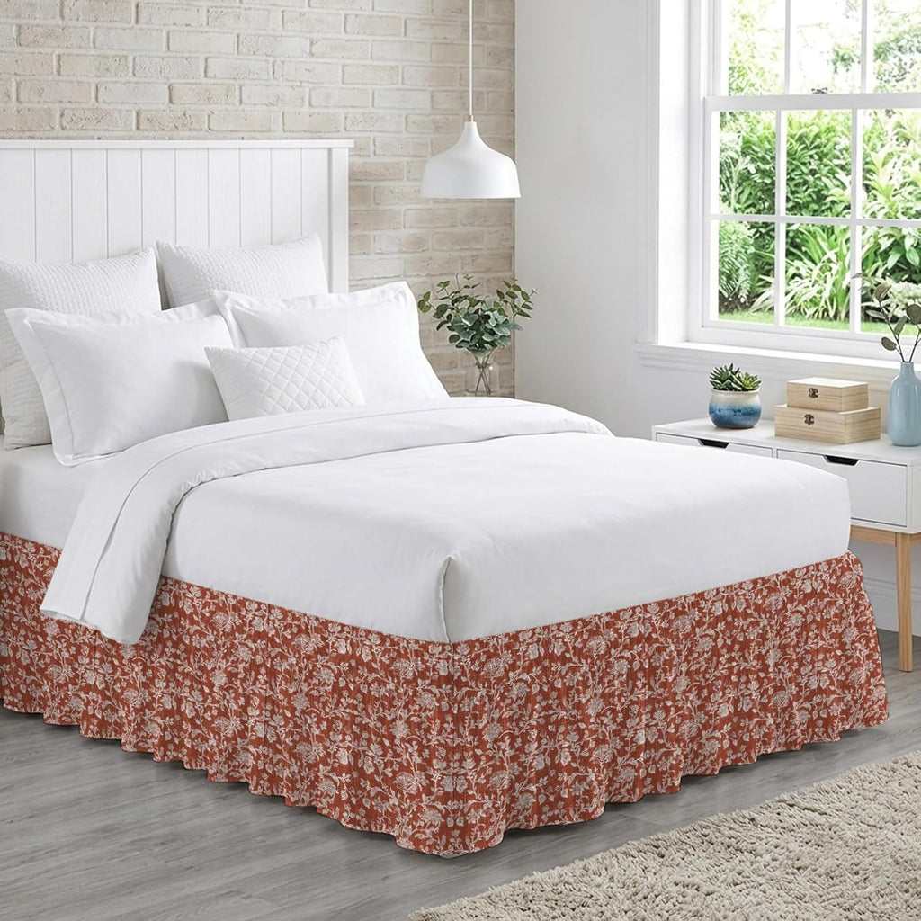 Botanical Rose Bed Skirt Queen Size 16 Inch Drop, Elastic Wrap Around Bed Skirts Pleated Dust Ruffles for Twin Full Queen Cal King Base Bed, Vintage Terracotta Orange Floral Leaf Farmhouse