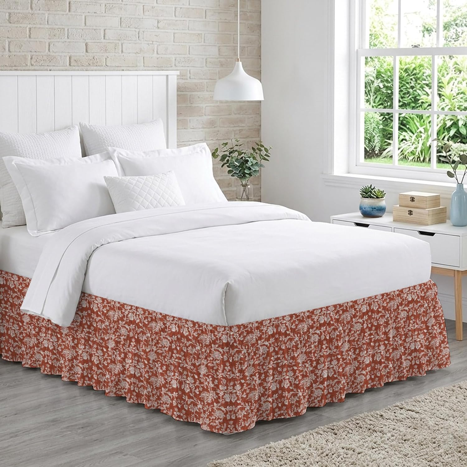 Botanical Rose Bed Skirt Queen Size 16 Inch Drop, Elastic Wrap Around Bed Skirts Pleated Dust Ruffles for Twin Full Queen Cal King Base Bed, Vintage Terracotta Orange Floral Leaf Farmhouse