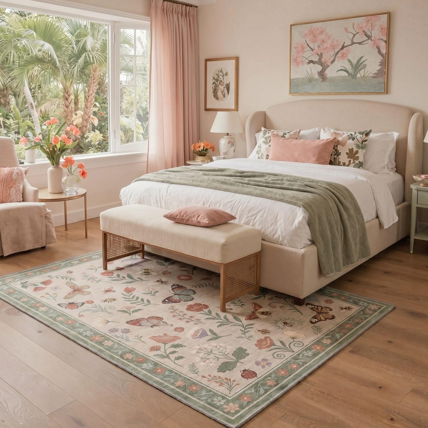 GENIMO 2x5 Runner Rug Non Slip Machine Washable Low Pile for Hallway Kitchen Laundry Room Bedroom Bathroom, Butterfly Garden Print Pattern Light Weight, Dusty Sage