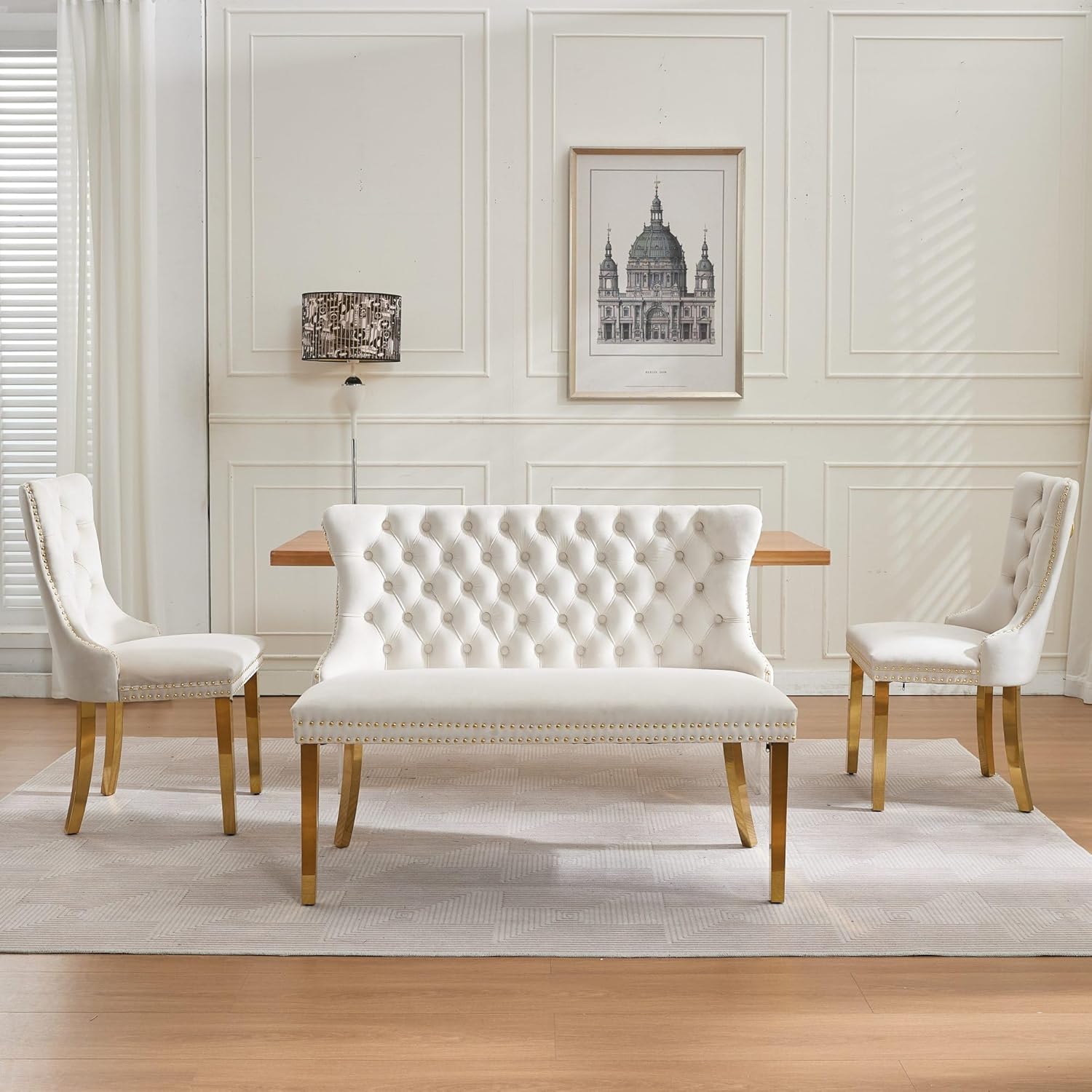 Velvet Upholstered Dining Bench with Back, 45.6'' Tufted Loveseat Bench with Gold Stainless Steel Legs, Mid-Century Modern Banquette Seating for Dining Room, Kitchen, Entryway, Beige