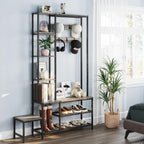 Espelism Hall Tree with Shoe Storage Bench Coat Rack with 7 Hooks Interchangeable 4 Tier Side Storage Shelves Small Cute Side Bench Industrial 5-in-1 Entryway Coat Rack for Hallway Mudroom Bedroom