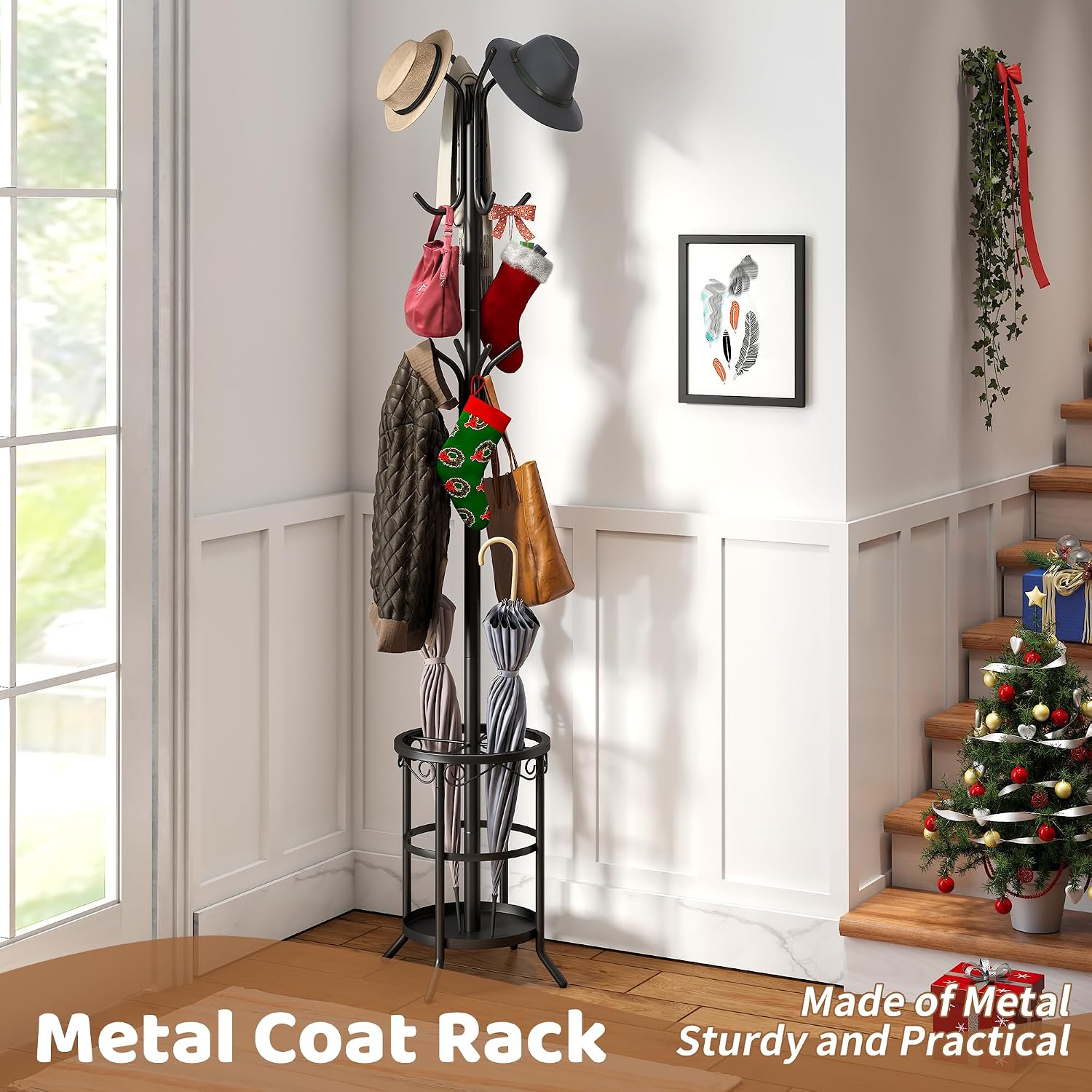 Coat Rack Freestanding with Umbrella Stand Coat Rack Stand with 12 Hooks Metal Coat Tree Coat and Hat Hanger Jacket Entryway(Black)