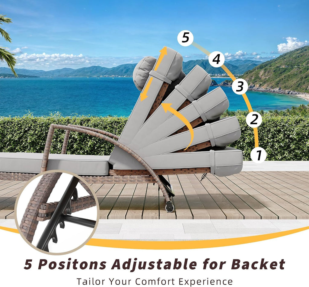 GAOMON Outdoor Lounge Chairs Set of 2, PE Rattan Wicker Chaise Lounge with Cushions and Wheels, Adjustable 5-Position, Patio Lounge Chairs for Outside Poolside Beach, Backyard Relaxation
