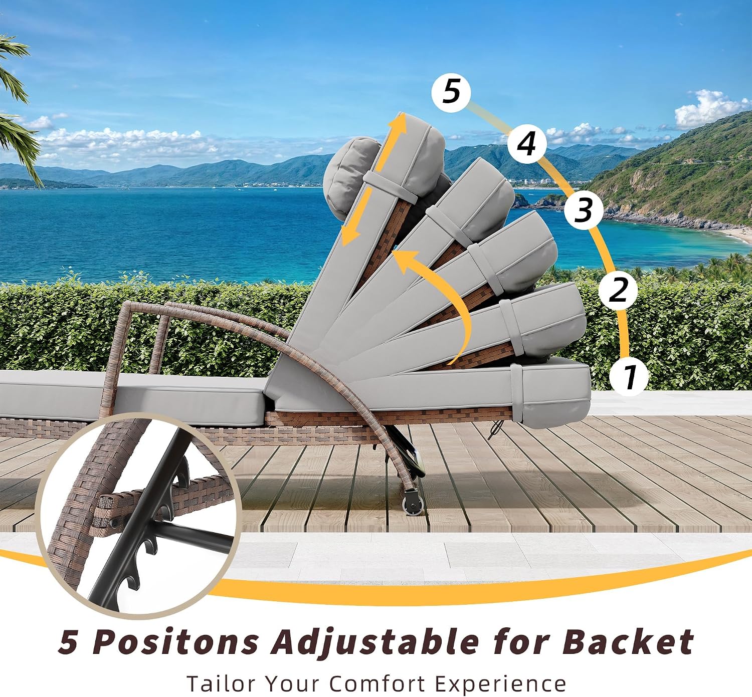 GAOMON Outdoor Lounge Chairs Set of 2, PE Rattan Wicker Chaise Lounge with Cushions and Wheels, Adjustable 5-Position, Patio Lounge Chairs for Outside Poolside Beach, Backyard Relaxation