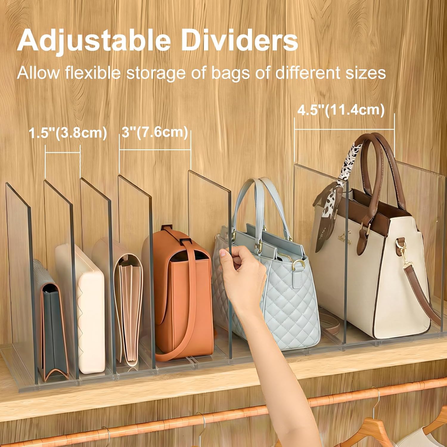 SortNStore Bag & Purse Organizer for Closet: Adjustable Clear Handbag Storage Shelf - Plastic Clutch Dividers for Closet Organizers and Storage - Keep Carteras & Pocketbook Upright