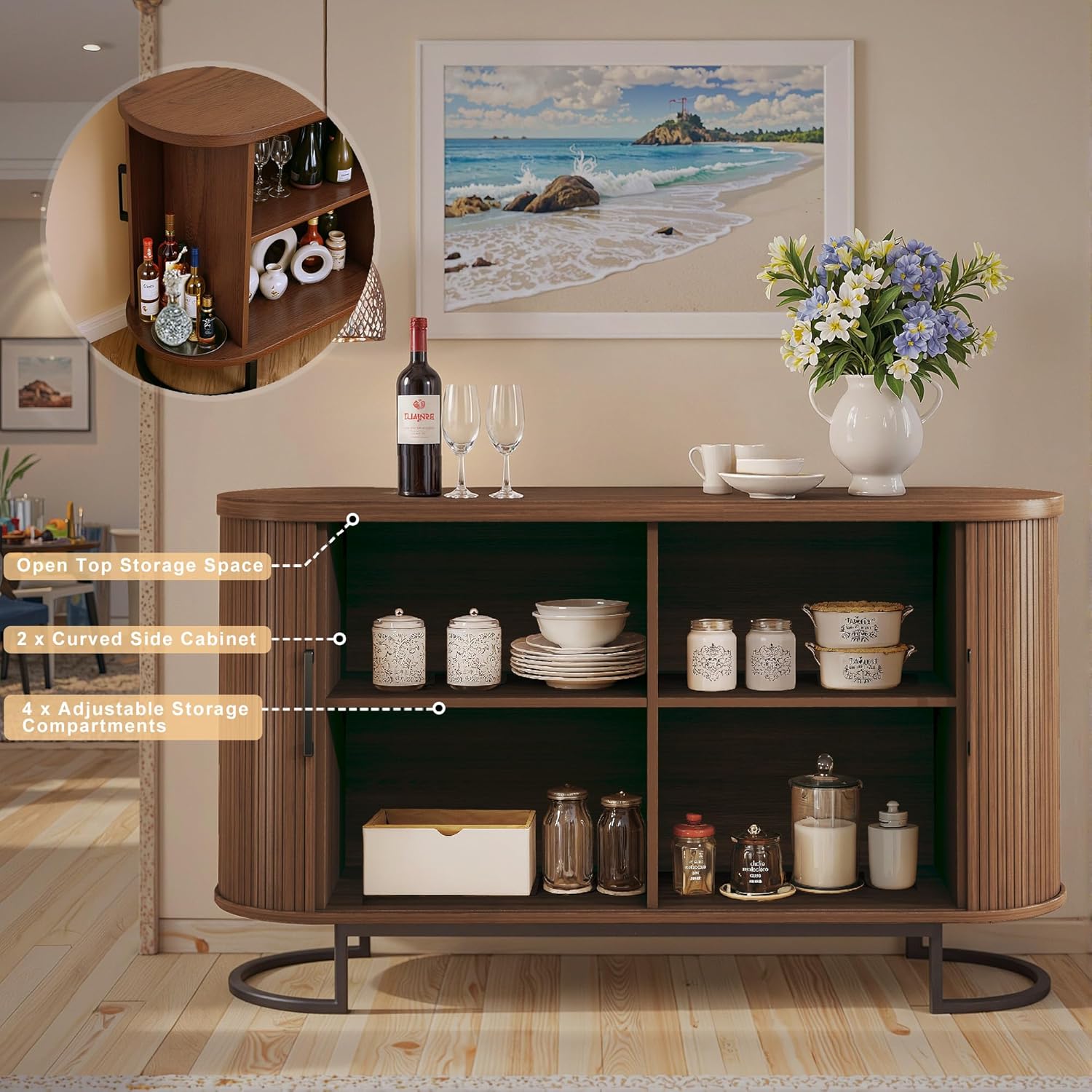 HUAHUU Sideboard Buffet Cabinet with Storage, 54.3" Fluted Tambour, Adjustable Shelves, Mid Century Modern Console for Living Room Kitchen Walnut