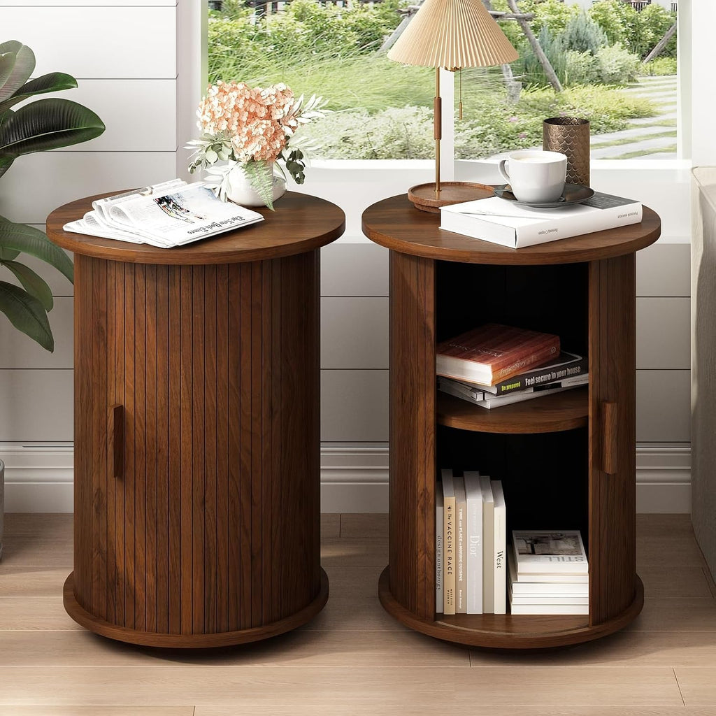 Wnutrees Round Fluted End Table, Small Accent Pedestal Side Table with Sliding Door & 2 Tier Storage Shelf, Wood Fluted Nightstand Bedside Table for Living Room, Bedroom, Brown