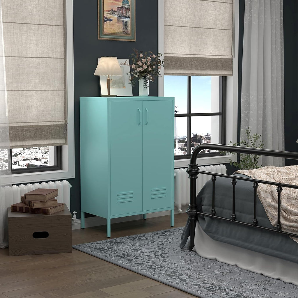 IRONFFICE Metal Accent Cabinet, Steel Cabinet Organizers and Storage, Metal Cabinet with Adjustable Shelves, 2 Doors Storage Cabinet for Hallway, Office, Blue