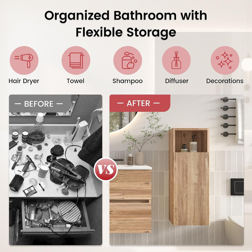 12" Floating Bathroom Storage Cabinet, Modern Bathroom Wall Cabinets with Soft-Closing Door & Open Shelf, Bathroom Side Cabinet for Small Spaces, Apartment, Rough Oak
