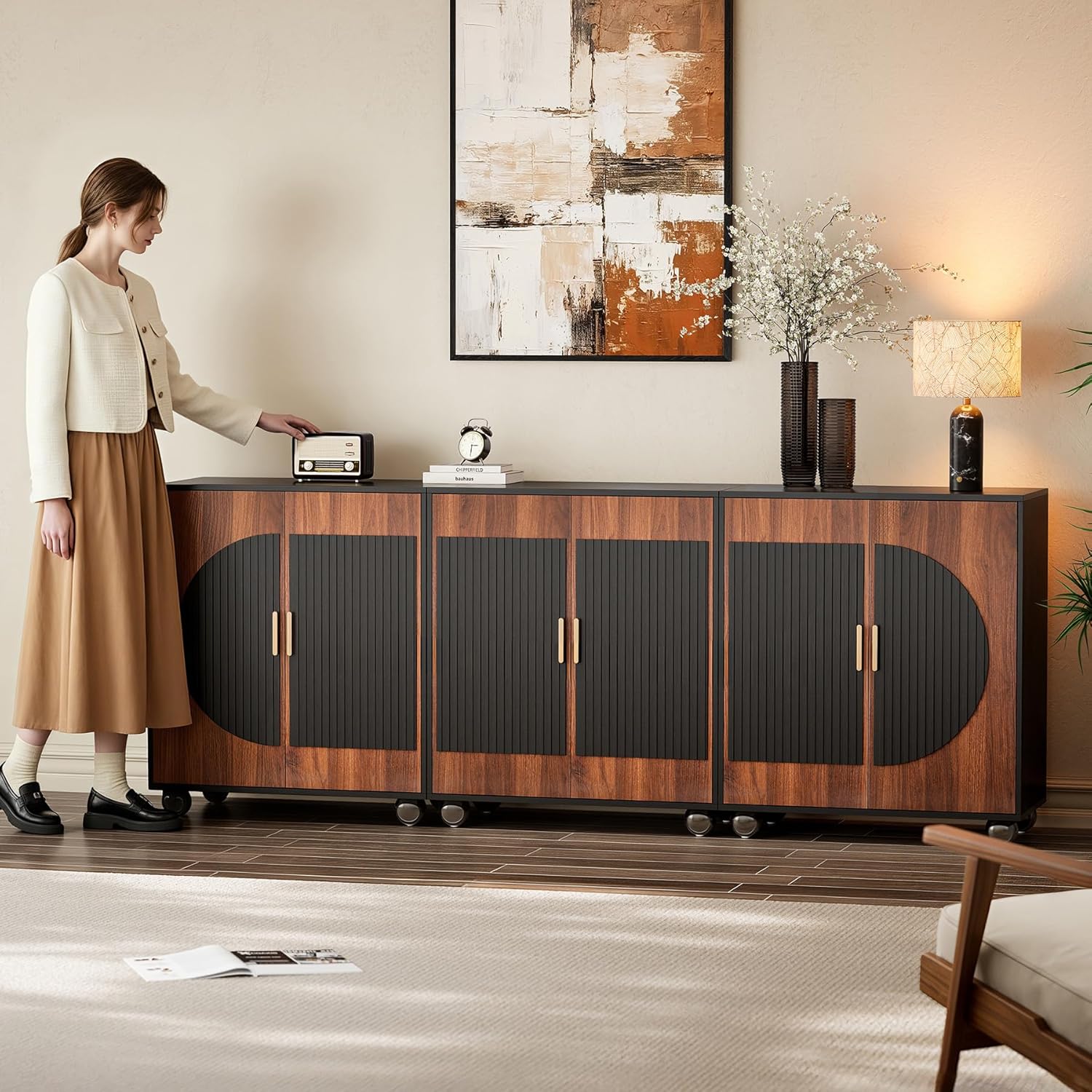 87" Fluted Modular Buffet Cabinet with Arched Doors & Gold Handles, Mid Century Modern Sideboard Credenza Storage with Adjustable Shelves, Wood Coffee Bar Console Table for Dining Living Room
