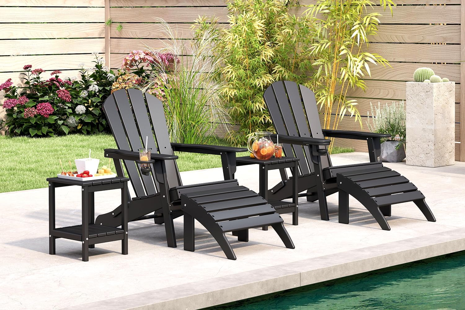 BRIOPAWS Folding-Adirondack-Chairs Set of 2 | HDPE Plastic | Fire Pit Chair | Cup Holder | Curved Back | All Weather| for Outdoor Backyard Deck Patio | Black