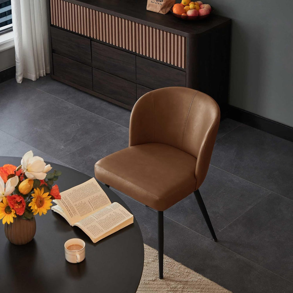 Susalt Dining Chairs Set of 2, Upholstered Kitchen Chairs with Faux Leather Cushion Seat and Metal Legs, Mid Century Modern Dining Room Chair for Kitchen, Living Room, Easy Assembly, Brown
