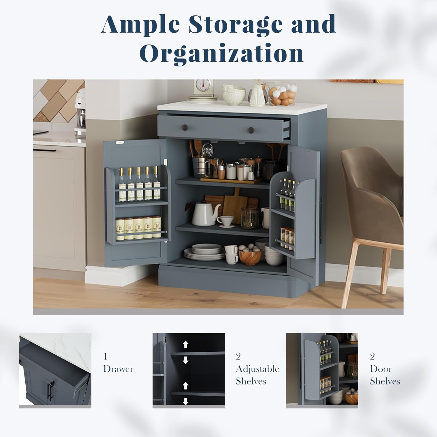 Modern Freestanding Kitchen Pantry & Buffet Food Storage Cabinet with Drawer, 2 Adjustable Shelves, 2 Door Shelves, Faux Marble Countertop - Ideal for Dining, Kitchen, and Coffee Bar (Gray)