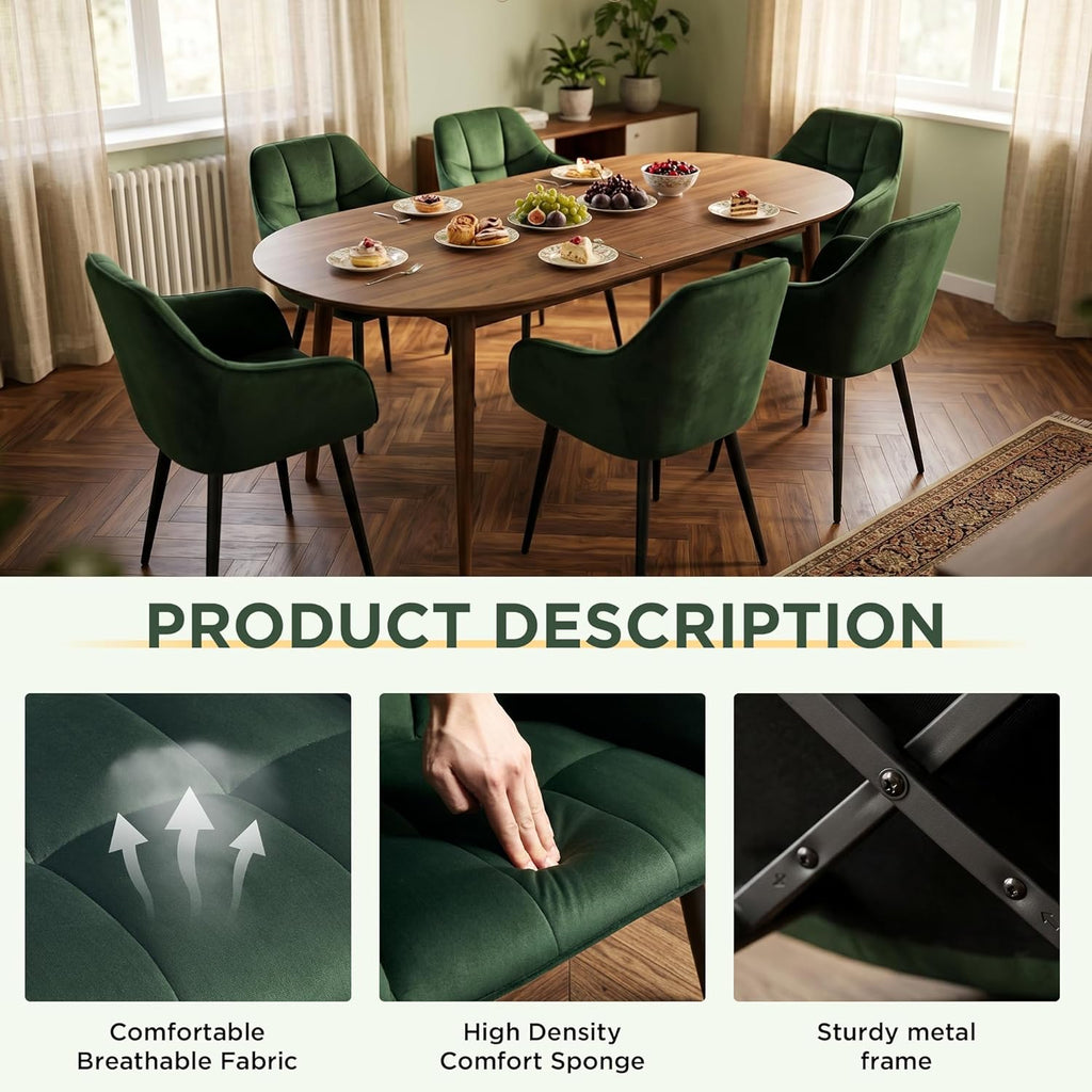 Modern Green Velvet Dining Chairs, Upholstered Tufted Side Chairs with Arms Set of 2, Black Metal Legs, Accent Arm Chairs for Kitchen, Dining Room, Living Room (Green)