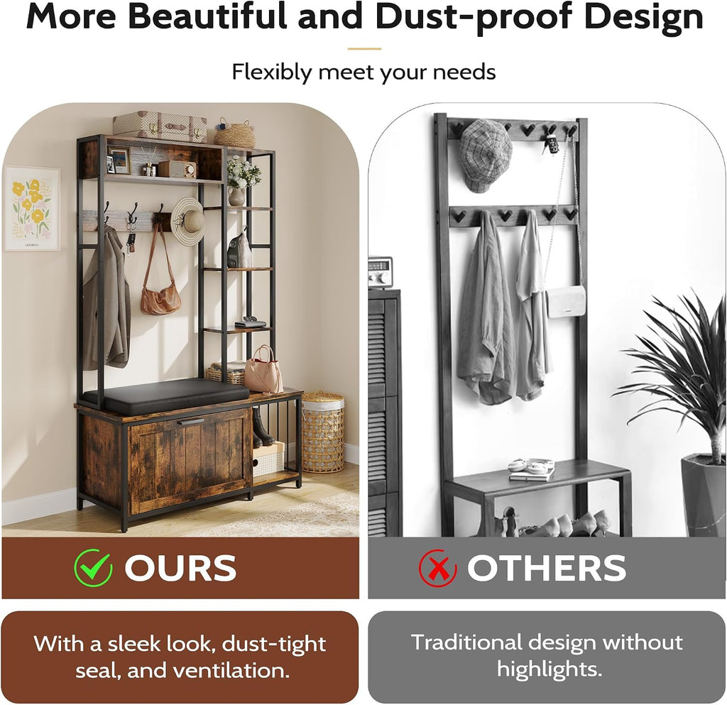 Hall Tree Coat Rack, Hall Tree With Bench and Shoe Storage Shoe With, Mud Room Storage Furniture，39.37 X 15.74 X 69.69 Inches, Brown