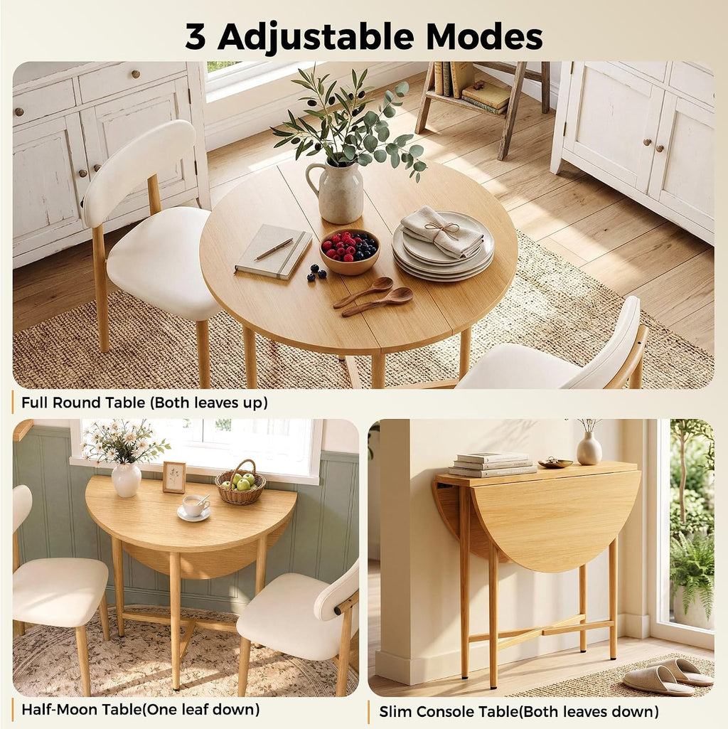 IRONCK 36" Round Dining Table and Chairs Set for 2, Natural Wood | Drop Leaf, 2 Upholstered Chairs, Space Saving, Extendable Kitchen Table