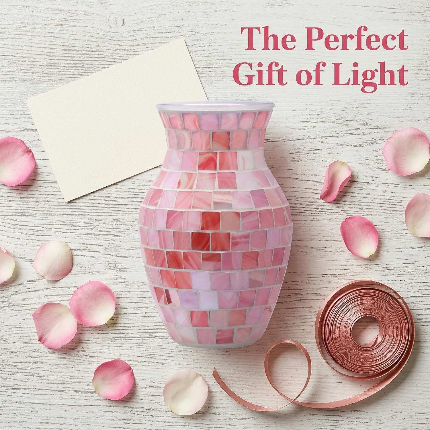 8" Pink Agate Mosaic Vase, Handmade Textured Glass Flower Vase, Romantic Rose Glass Centerpiece for Bedroom, Bathroom, Coastal Home Decor & Valentine's Day Gift