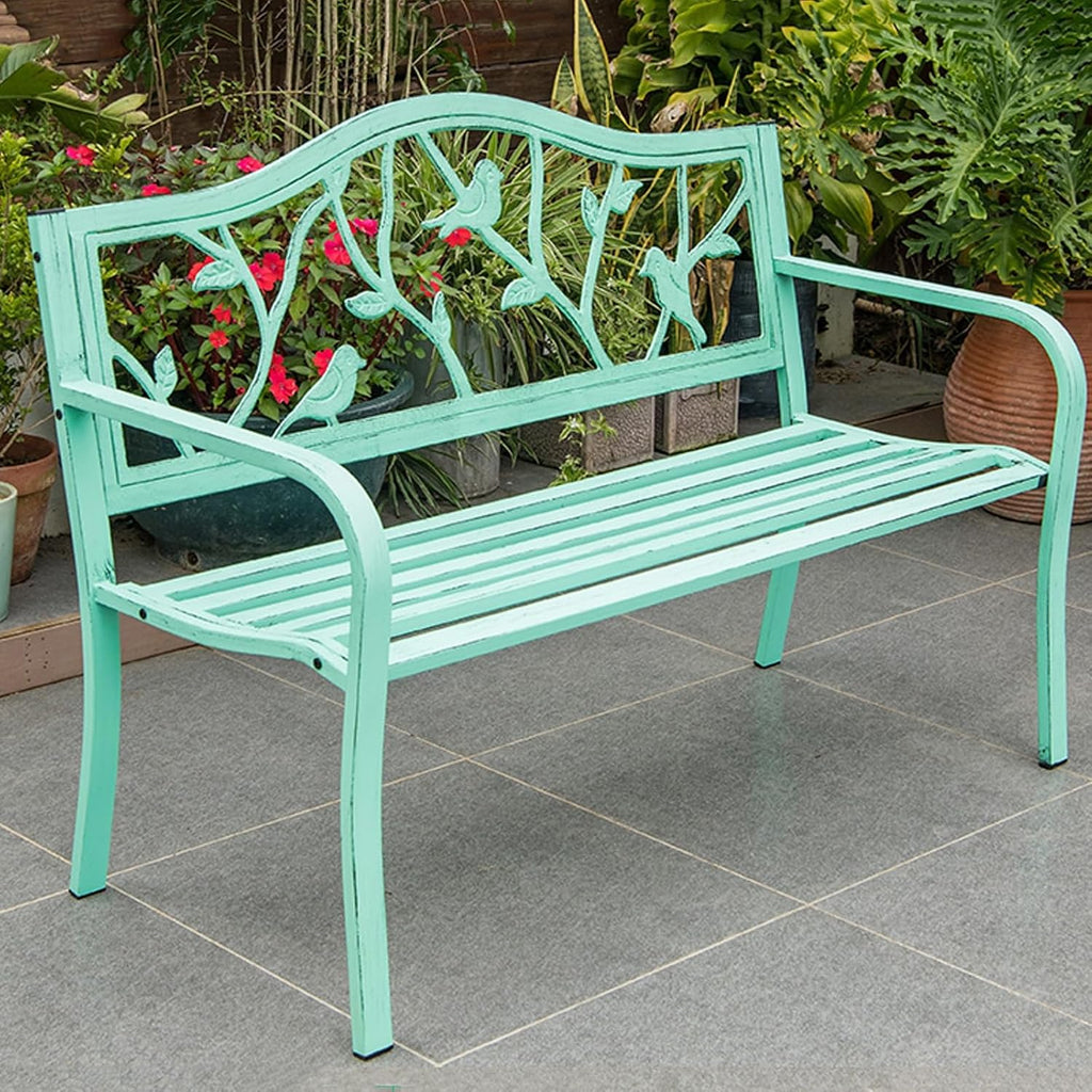 50" Outdoor Garden Bench, Slatted Seat w/Bird Pattern Backrest & Armrests, Green Patio Metal Frame Garden Bench, Durable Weather-Resistant, for Garden/Terrace