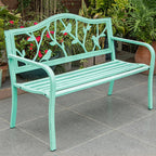 50" Outdoor Garden Bench, Slatted Seat w/Bird Pattern Backrest & Armrests, Green Patio Metal Frame Garden Bench, Durable Weather-Resistant, for Garden/Terrace