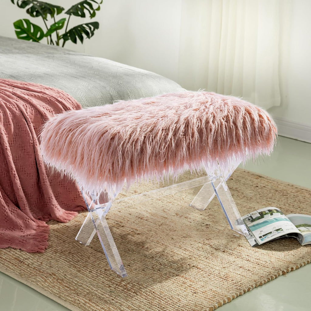 Glitzhome Ottoman Bench, Pink Faux Fur Ottoman Foot Rest, Modern Vanity Stool Chair with Acrylic Legs for Living Room Bedroom Entryway Makeup Bench End of Bed, 25.5" L