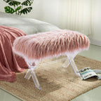 Glitzhome Ottoman Bench, Pink Faux Fur Ottoman Foot Rest, Modern Vanity Stool Chair with Acrylic Legs for Living Room Bedroom Entryway Makeup Bench End of Bed, 25.5" L