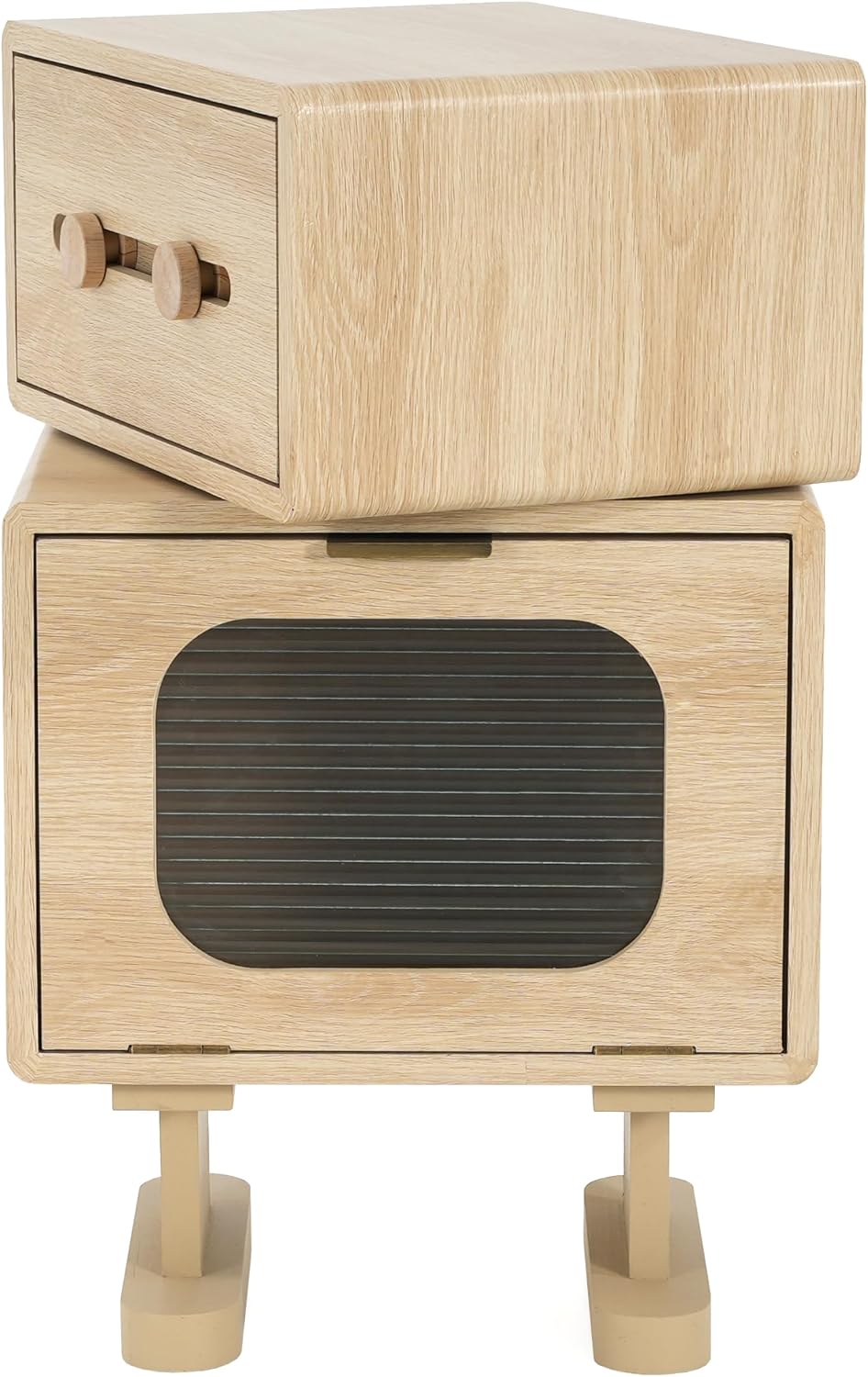Christopher Knight Home Aurl Storage End Table, Tall Side Table, Robot Design, Rotating Tabletop, 2 Storage Drawers, Spacious Space for Organize, Wooden Nightstand for Living Room Bedroom, Natural