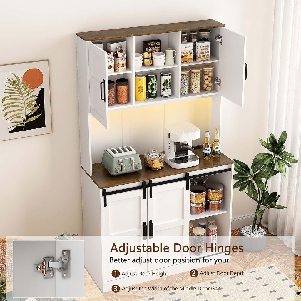 72'' Kitchen Hutch Storage Cabinet Buffet with Drawers, Kitchen Pantry Cabinets with Doors/3 AC Outlets/2 USB Charging Ports, Food Pantry Cabinet with Microwave Shelf for Dining Room (White - 72'')