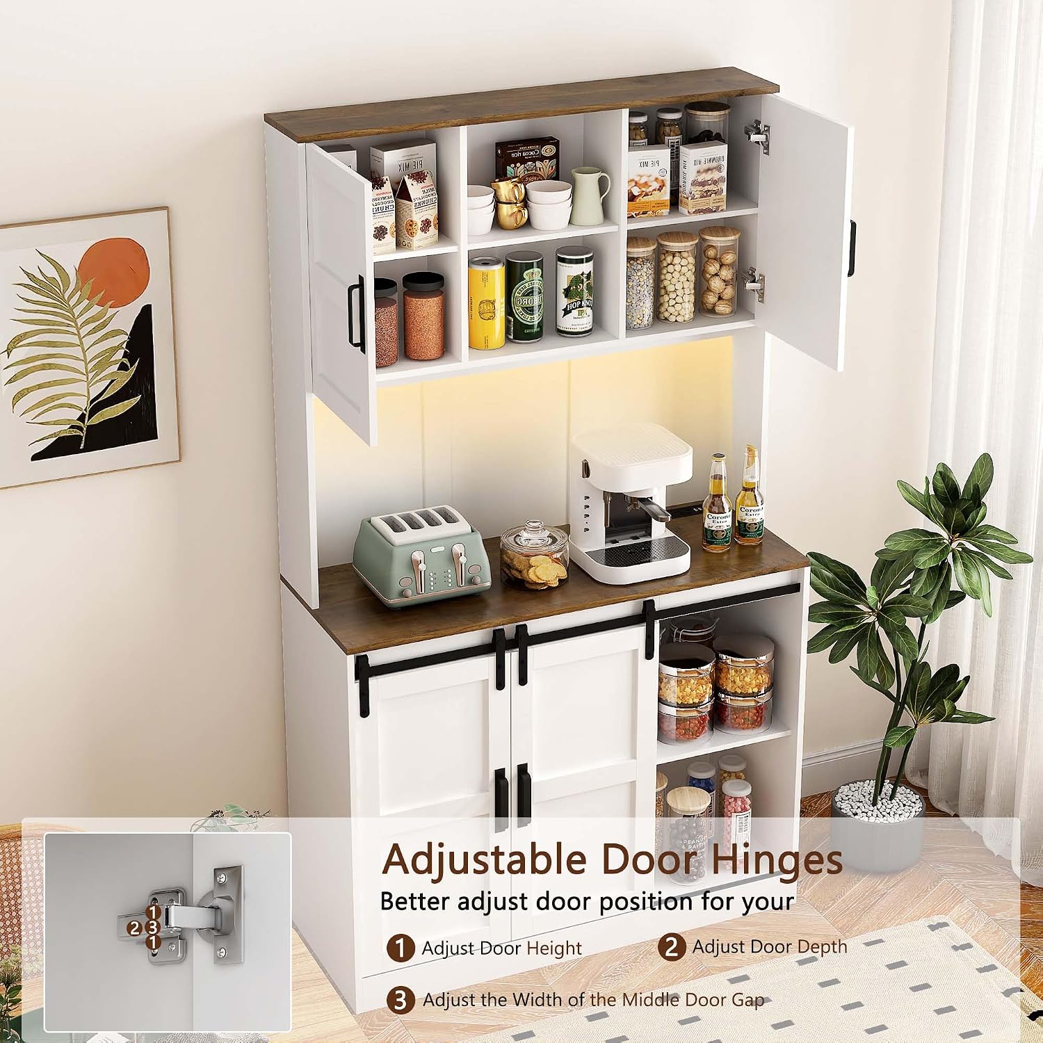 72'' Kitchen Hutch Storage Cabinet Buffet with Drawers, Kitchen Pantry Cabinets with Doors/3 AC Outlets/2 USB Charging Ports, Food Pantry Cabinet with Microwave Shelf for Dining Room (White - 72'')