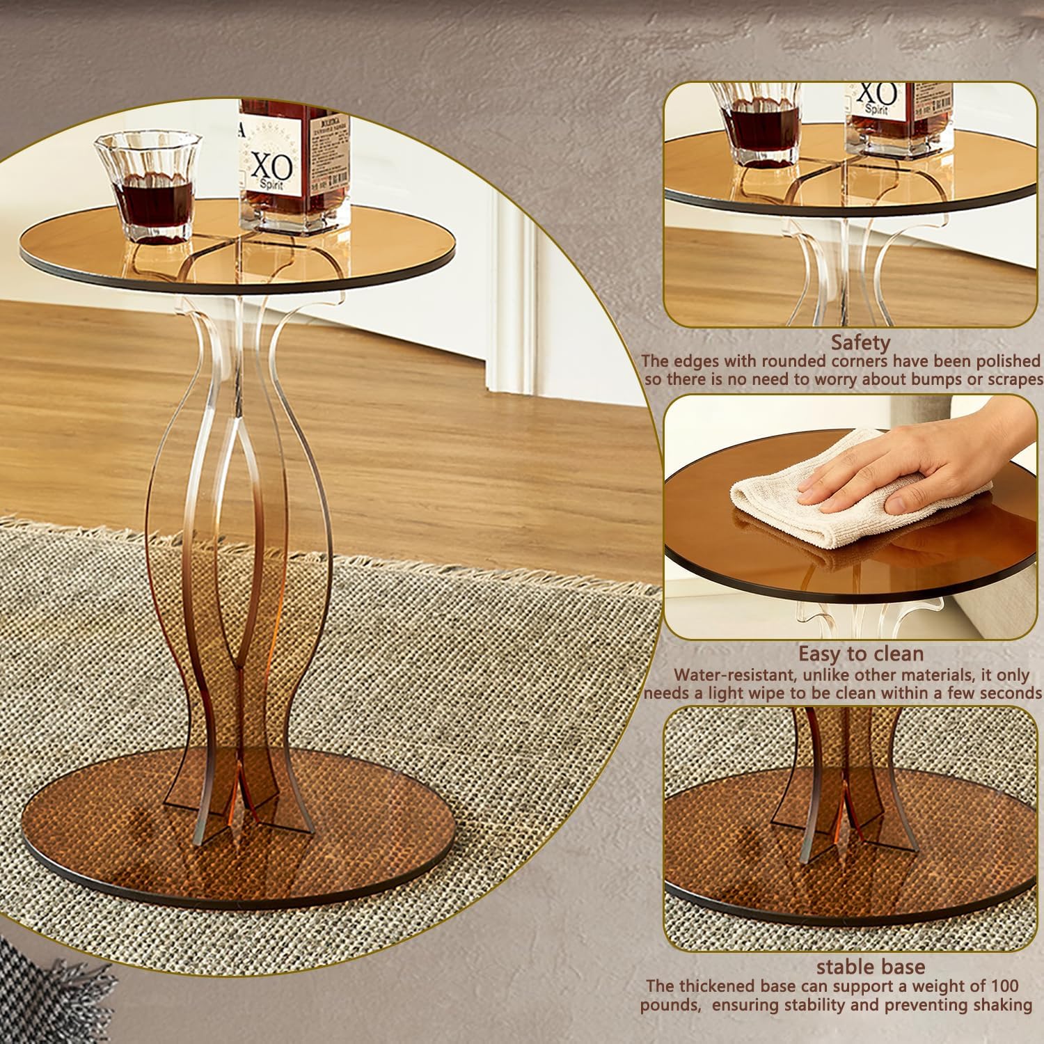 Acrylic Side Table, Clear End Table, Round Drink Table, Modern Nightstand for Living Room, Coffee Tables for Bedroom, Amber