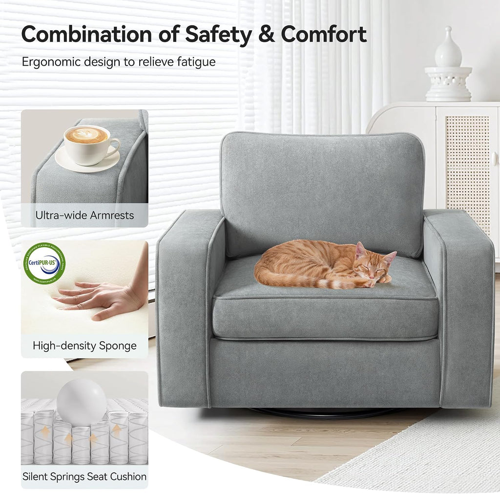 36.2" Wide Swivel Accent Chair - 360° Rotation Upholstered Modern Design Comfortable Cushioned Seating, Pillowback Glider Rocking Chair for Living Room, Bedroom, Nursery and Reading Nook, Gray